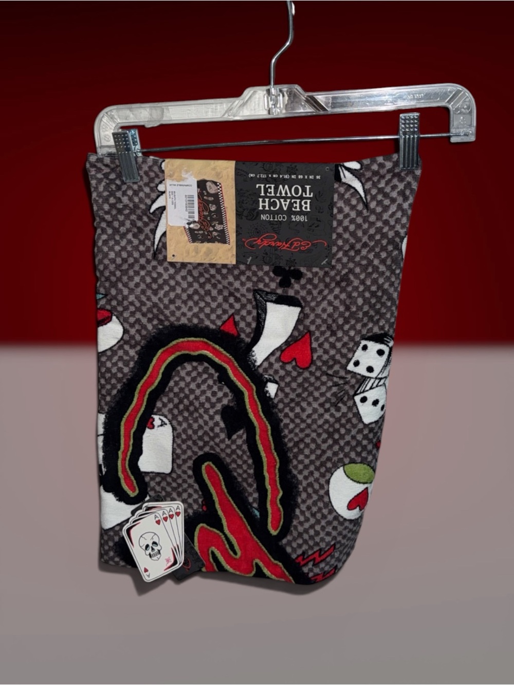 Ed Hardy Gray Beach Towel with Red, Black, White, Green Accents